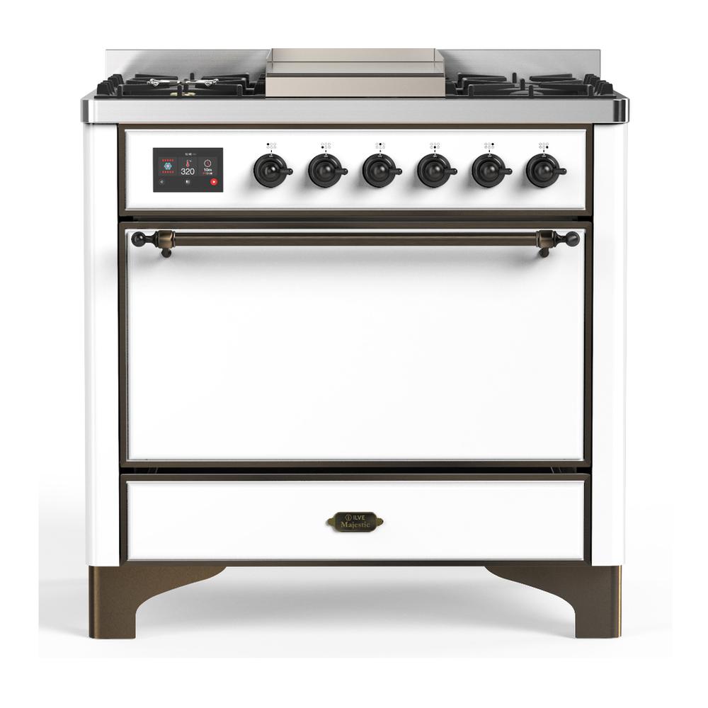 Ilve UM36FQNR3WHB Ilve Um36Fqnr3Whb Majestic Iii 36 Inch Dual Fuel Range With 6 Black Brass Burners And Griddle, Dual Function Burner Up To 25,000 Btu (Solid Door, White, Burnished, Natural Gas)