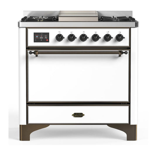 Ilve UM36FQNR3WHB Ilve Um36Fqnr3Whb Majestic Iii 36 Inch Dual Fuel Range With 6 Black Brass Burners And Griddle, Dual Function Burner Up To 25,000 Btu (Solid Door, White, Burnished, Natural Gas)