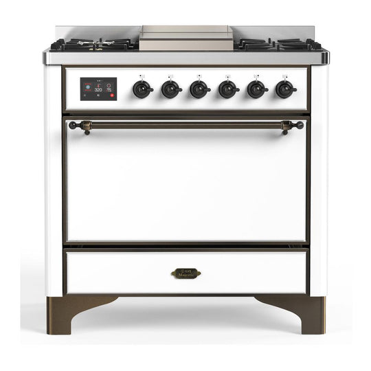 Ilve UM36FQNR3WHB Ilve Um36Fqnr3Whb Majestic Iii 36 Inch Dual Fuel Range With 6 Black Brass Burners And Griddle, Dual Function Burner Up To 25,000 Btu (Solid Door, White, Burnished, Natural Gas)