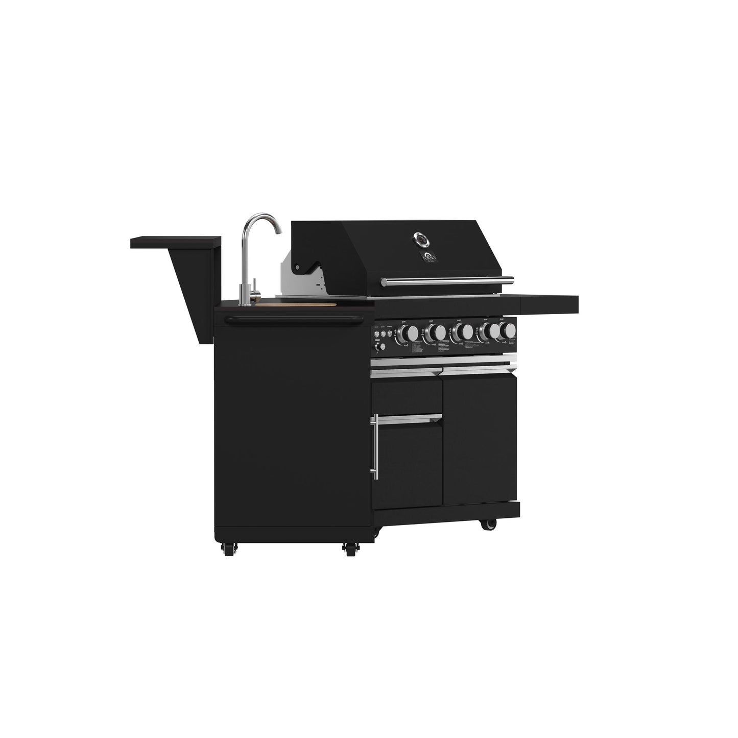 Forno FODKT2582BLK Forno All Aperto 62,600 Btu Bbq, 3 Stainless Steel Burners, Infrared Burners, Sink Module, Black Sintered Stone Countertops, Bar And Beverage Center
