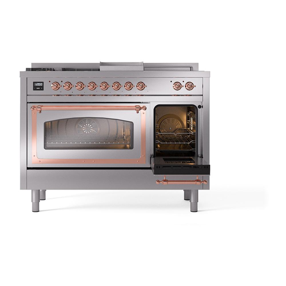 Ilve UN48FSNMPSSP Ilve Un48Fsnmpssp Nostalgie Ii Noblesse 48" Dual Fuel Range (5 Sealed Burners + Griddle + French Top, Natural Gas, Triple Glass Door, Stainless Steel, Copper)