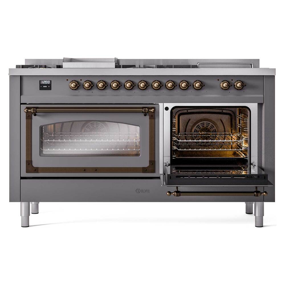 Ilve UN60FSNMPMGB Ilve Un60Fsnmpmgb Nostalgie Ii Noblesse 60" Dual Fuel Range (7 Sealed Burners + Griddle + French Top, Natural Gas, Triple Glass Door, Graphite Matte, Burnished)