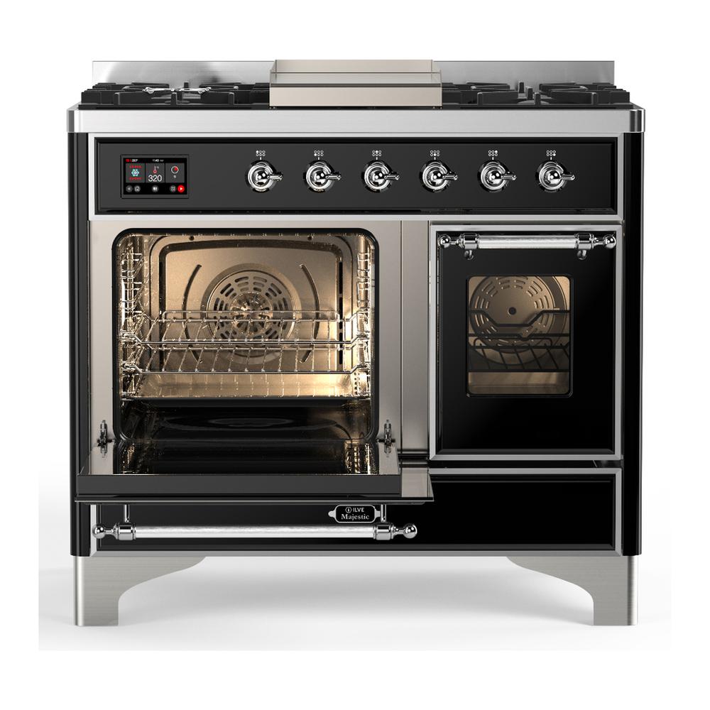 Ilve UMD40FNR3BKCLP Ilve Umd40Fnr3Bkclp Majestic Iii 40 Inch Dual Fuel Range With 6 Burners And Griddle, Dual Function Burner Up To 25,000 Btu (Liquid Propane, Triple Glass Door, Glossy Black, Chrome)