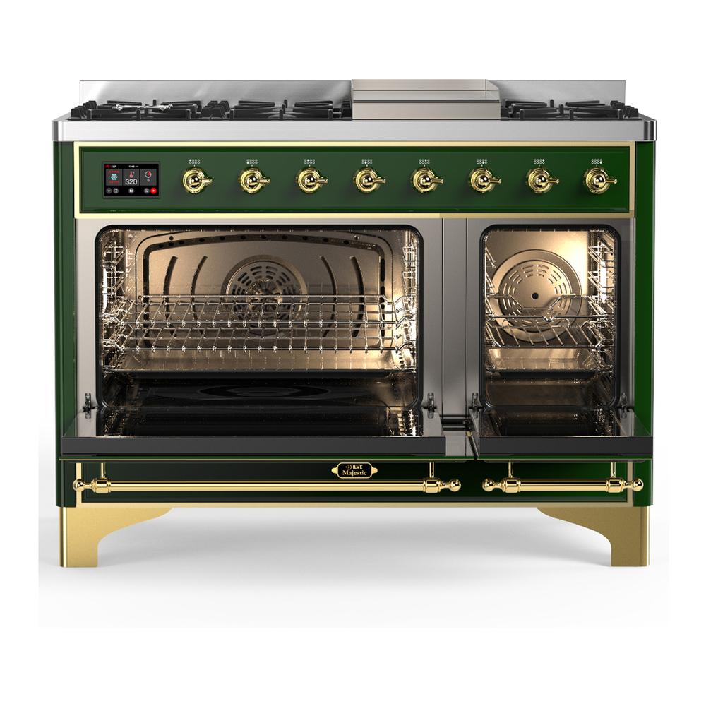 Ilve UM48FQNR3EGGLP Ilve Um48Fqnr3Egglp Majestic Iii 48 Inch Dual Fuel Range With 8 Burners And Griddle, Dual Function Burner Up To 25,000 Btu (Liquid Propane, Solid Door, Emerald Green, Brass)