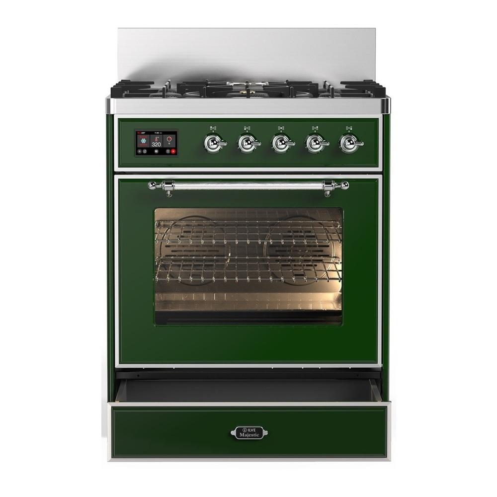 Ilve UM30NR3EGC Ilve Um30Nr3Egc Majestic Iii 30 Inch Dual Fuel Range With 5 Black Brass Burners, Dual Function Burner Up To 25,000 Btu (Natural Gas, Triple Glass Door, Emerald Green, Chrome)