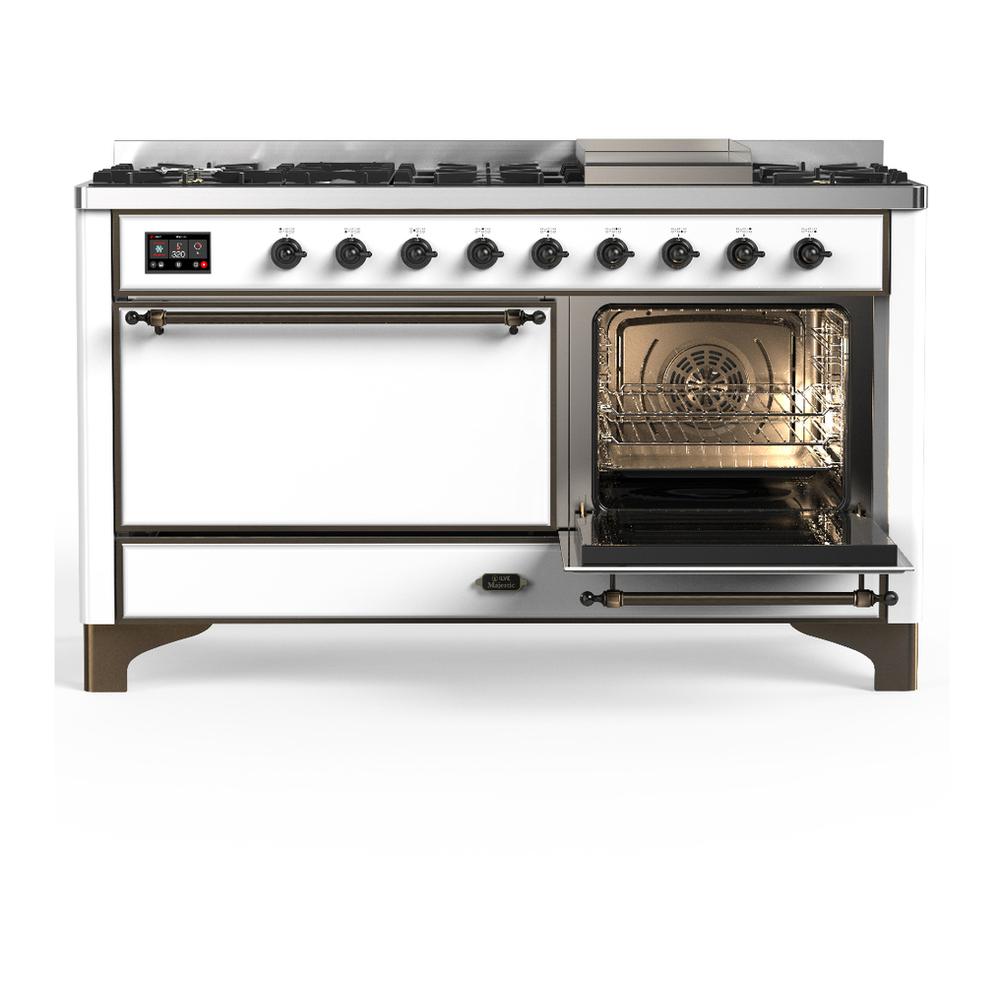 Ilve UM60FQNR3WHBLP Ilve Um60Fqnr3Whblp Majestic Iii 60 Inch Dual Fuel Range With 9 Burners And Griddle, Dual Function Burner Up To 25,000 Btu (Liquid Propane, Solid Door, White, Burnished)
