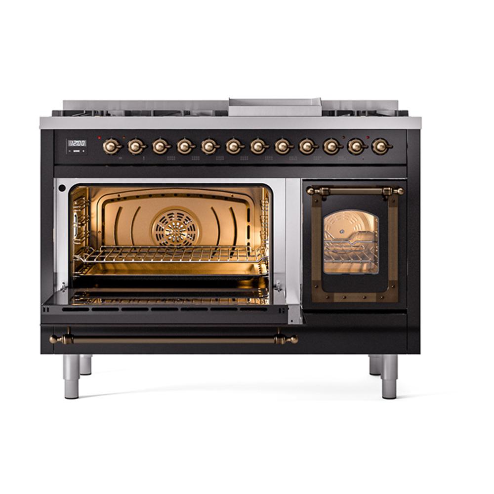 Ilve UN48FNMPBKBLP Ilve Un48Fnmpbkblp Nostalgie Ii Noblesse 48" Dual Fuel Range (8 Sealed Burners + Griddle, Liquid Propane, Triple Glass Door, Glossy Black, Burnished)
