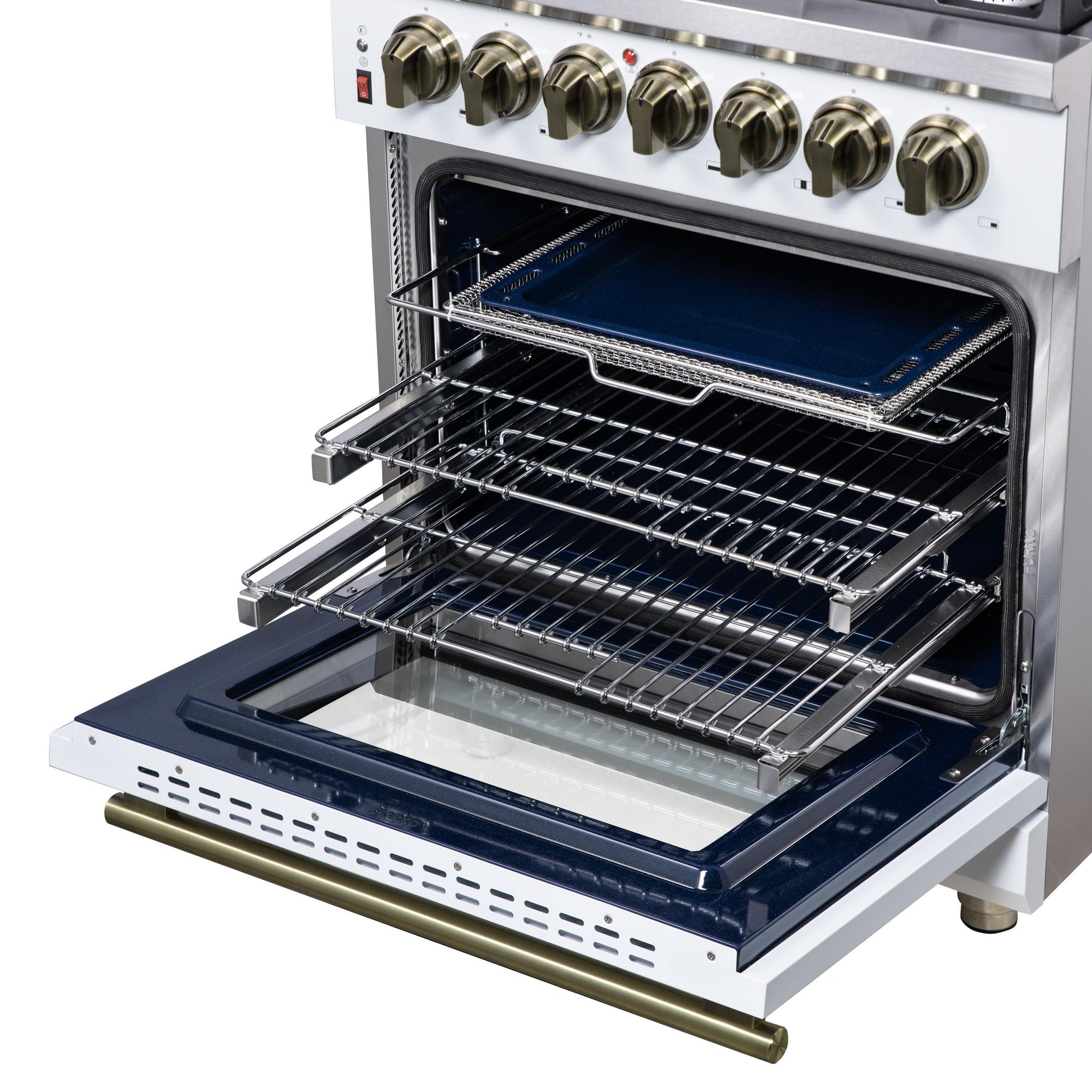 Forno FFSGS612530WHT Forno Massimo 30-Inch Freestanding Dual Fuel Range In White With Antique Brass Accessories, 4 Burners, 4.32 Cu. Ft. Convection Oven