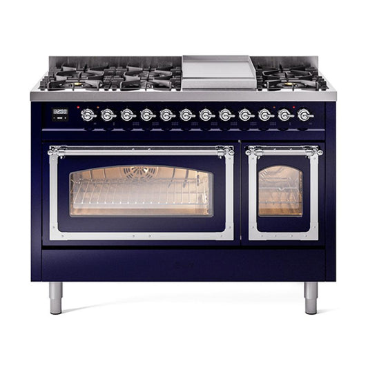 Ilve UN48FNMPMBC Ilve Un48Fnmpmbc Nostalgie Ii Noblesse 48" Dual Fuel Range (8 Sealed Burners + Griddle, Natural Gas, Triple Glass Door, Midnight Blue, Chrome)