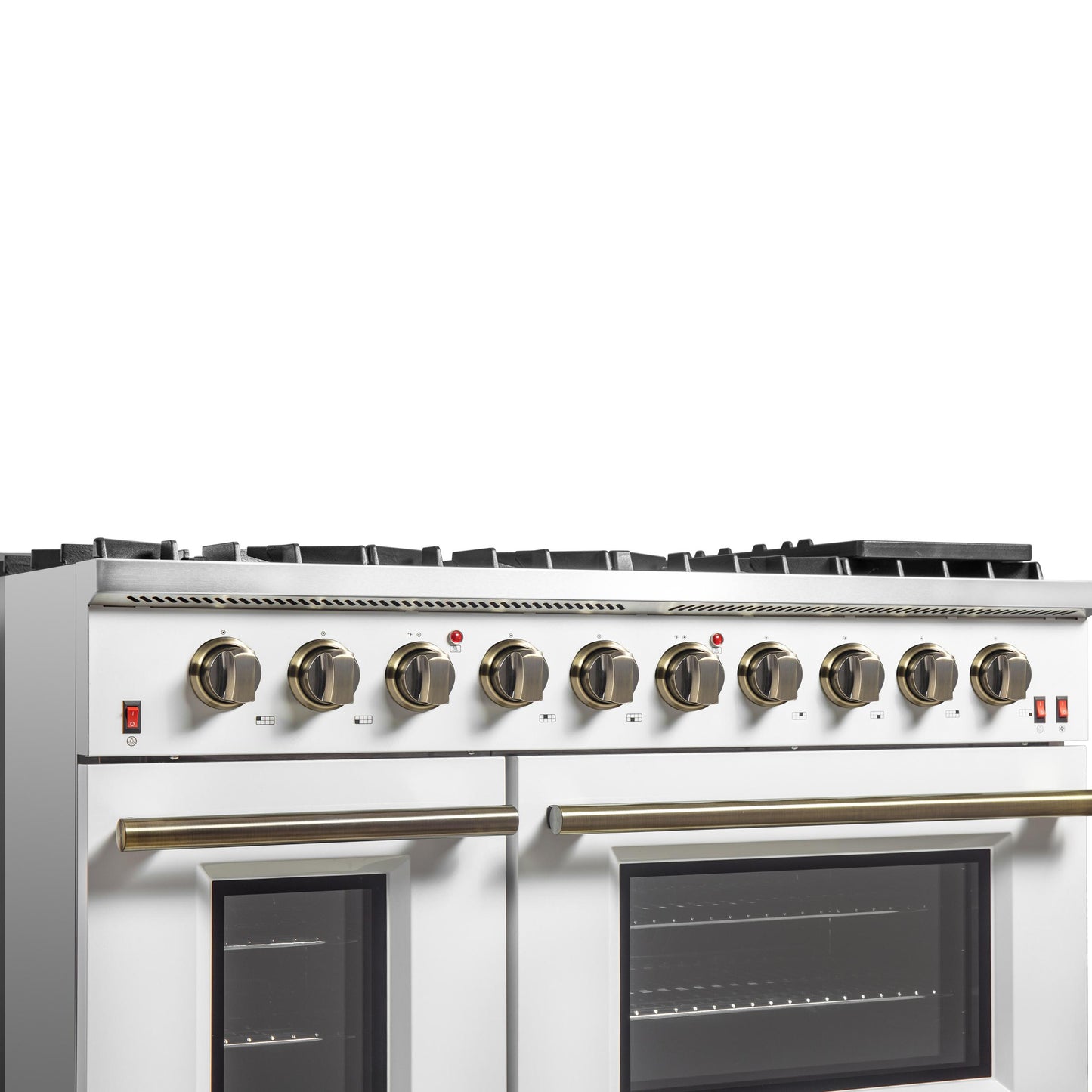 Forno FFSGS624448WHT Forno Galiano 48-Inch Gas Range White & Antique Brass Design, 8 Burners, 107,000 Btu, Griddle, 6.58 Cu.Ft. Double Ovens