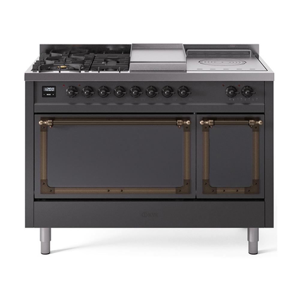 Ilve UN48FSQNMPMGBLP Ilve Un48Fsqnmpmgblp Nostalgie Ii Noblesse 48" Dual Fuel Range (5 Sealed Burners + Griddle + French Top, Liquid Propane, Solid Door, Graphite Matte, Burnished)