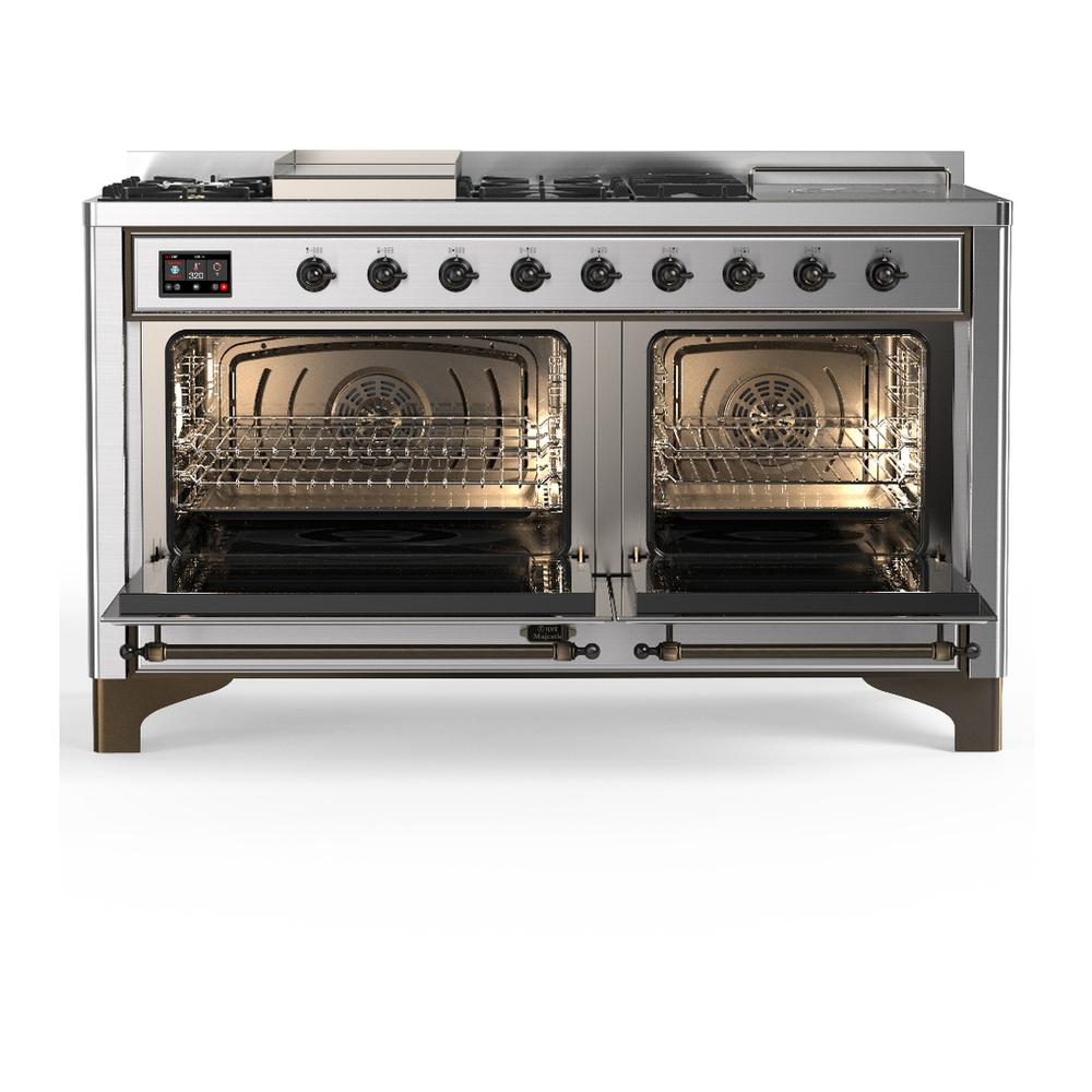 Ilve UM60FSQNR3SSB Ilve Um60Fsqnr3Ssb Majestic Iii 60 Inch Dual Fuel Range With 7 Burners, Griddle And French Top, Dual Function Burner With Up To 25,000 Btu (Natural Gas, Solid Door, Stainless Steel, Burnished)