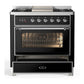 Ilve UM36FNR3BKCLP Ilve Um36Fnr3Bkclp Majestic Iii 36 Inch Dual Fuel Range With 6 Black Brass Burners And Griddle, Dual Function Burner Up To 25,000 Btu (Triple Glass Door, Glossy Black, Chrome, Liquid Propane)