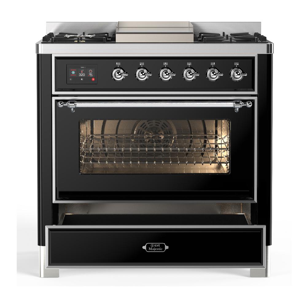 Ilve UM36FNR3BKCLP Ilve Um36Fnr3Bkclp Majestic Iii 36 Inch Dual Fuel Range With 6 Black Brass Burners And Griddle, Dual Function Burner Up To 25,000 Btu (Triple Glass Door, Glossy Black, Chrome, Liquid Propane)