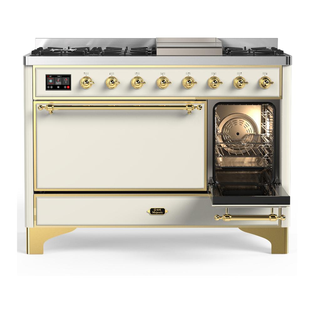 Ilve UM48FQNR3AWG Ilve Um48Fqnr3Awg Majestic Iii 48 Inch Dual Fuel Range With 8 Burners And Griddle, Dual Function Burner Up To 25,000 Btu (Natural Gas, Solid Door, Antique White, Brass)