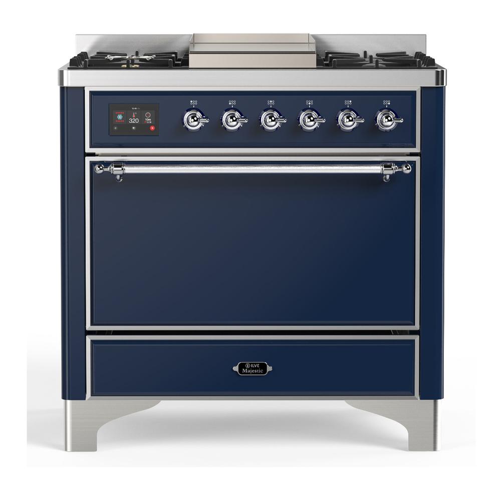 Ilve UM36FQNR3MBCLP Ilve Um36Fqnr3Mbclp Majestic Iii 36 Inch Dual Fuel Range With 6 Black Brass Burners And Griddle, Dual Function Burner Up To 25,000 Btu (Solid Door, Midnight Blue, Chrome, Liquid Propane)