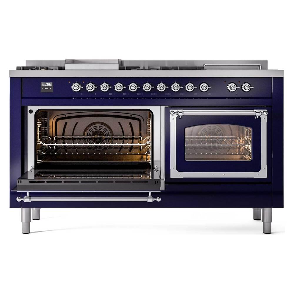 Ilve UN60FSNMPMBCLP Ilve Un60Fsnmpmbclp Nostalgie Ii Noblesse 60" Dual Fuel Range (7 Sealed Burners + Griddle + French Top, Liquid Propane, Triple Glass Door, Midnight Blue, Chrome)