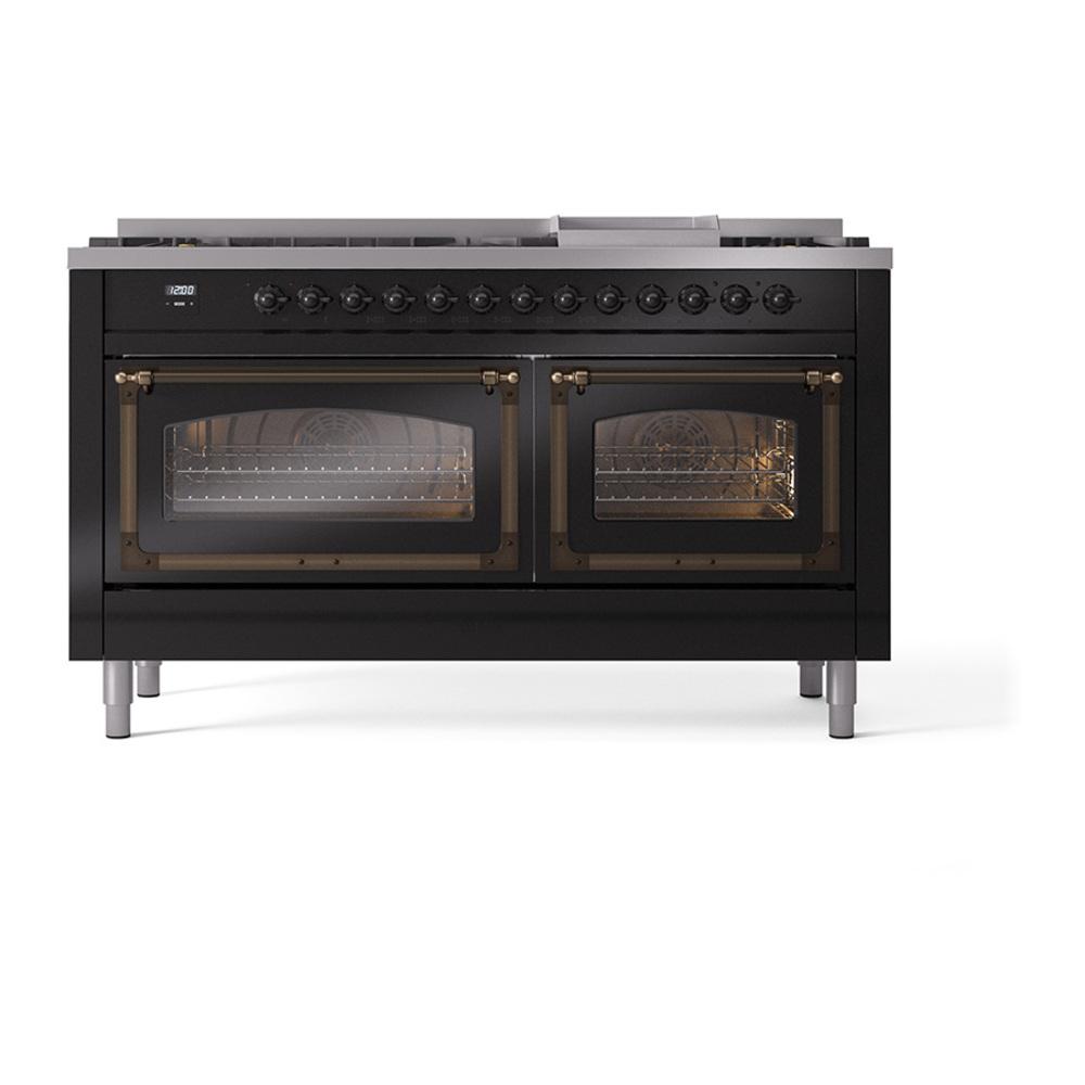 Ilve UN60FNMPBKBLP Ilve Un60Fnmpbkblp Nostalgie Ii Noblesse 60" Dual Fuel Range (9 Sealed Burners + Griddle, Liquid Propane, Triple Glass Door, Glossy Black, Burnished)