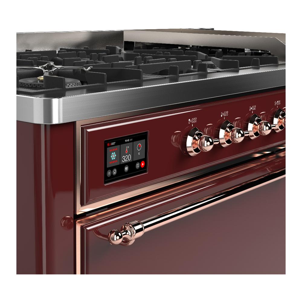 Ilve UM60FQNR3BUPLP Ilve Um60Fqnr3Buplp Majestic Iii 60 Inch Dual Fuel Range With 9 Burners And Griddle, Dual Function Burner Up To 25,000 Btu (Liquid Propane, Solid Door, Burgundy, Copper)