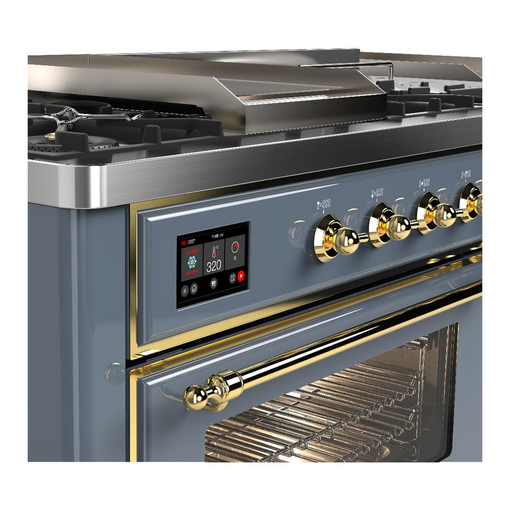Ilve UM60FSNR3BGGLP Ilve Um60Fsnr3Bgglp Majestic Iii 60 Inch Dual Fuel Range With 7 Burners, Griddle And French Top, Dual Function Burner With Up To 25,000 Btu (Liquid Propane, Triple Glass Door, Blue Grey, Brass)