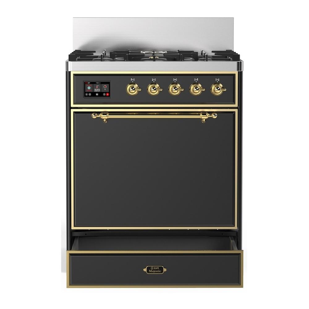 Ilve UM30QNR3MGG Ilve Um30Qnr3Mgg Majestic Iii 30 Inch Dual Fuel Range With 5 Black Brass Burners, Dual Function Burner Up To 25,000 Btu (Natural Gas, Solid Door, Graphite Matte, Brass)