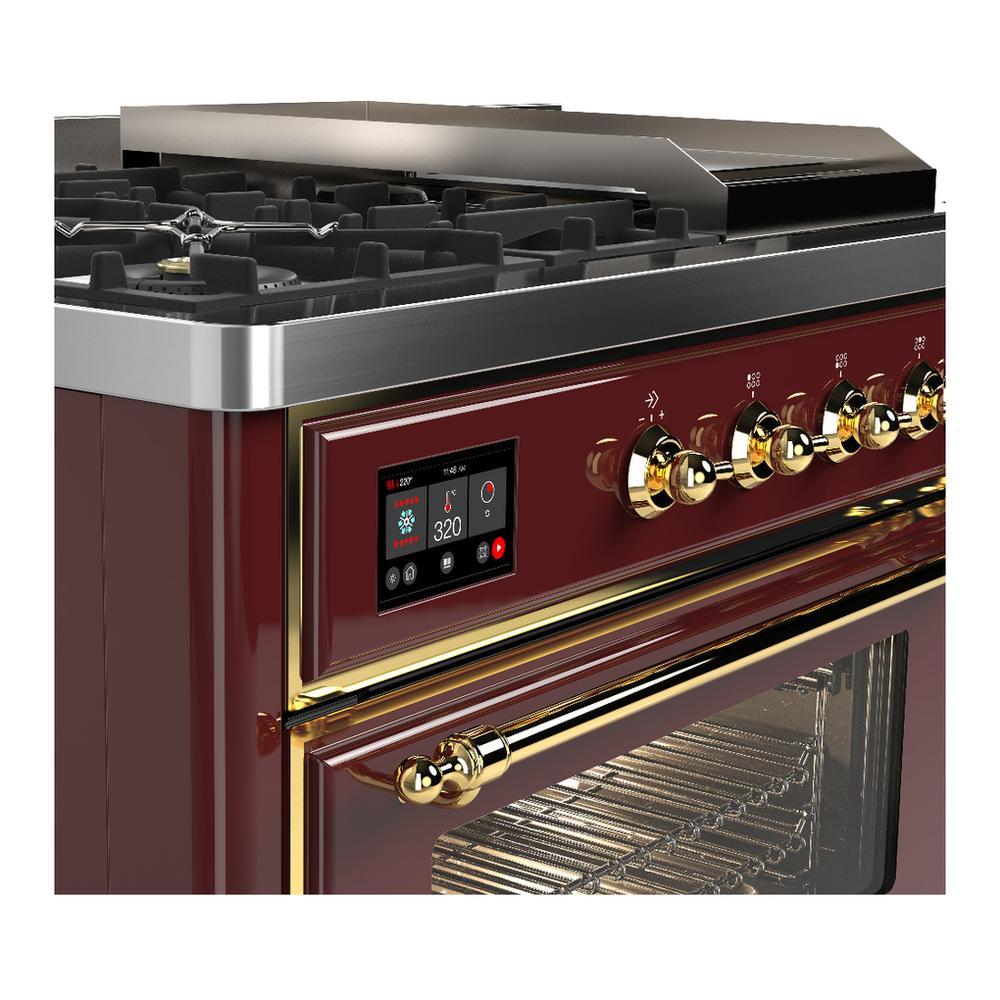 Ilve UM48FSNR3BUG Ilve Um48Fsnr3Bug Majestic Iii 48 Inch Dual Fuel Range With 5 Black Brass Burners, Griddle And French Top, Dual Function Burner Up To 25,000 Btu (Natural Gas, Triple Glass Door, Burgundy, Brass)