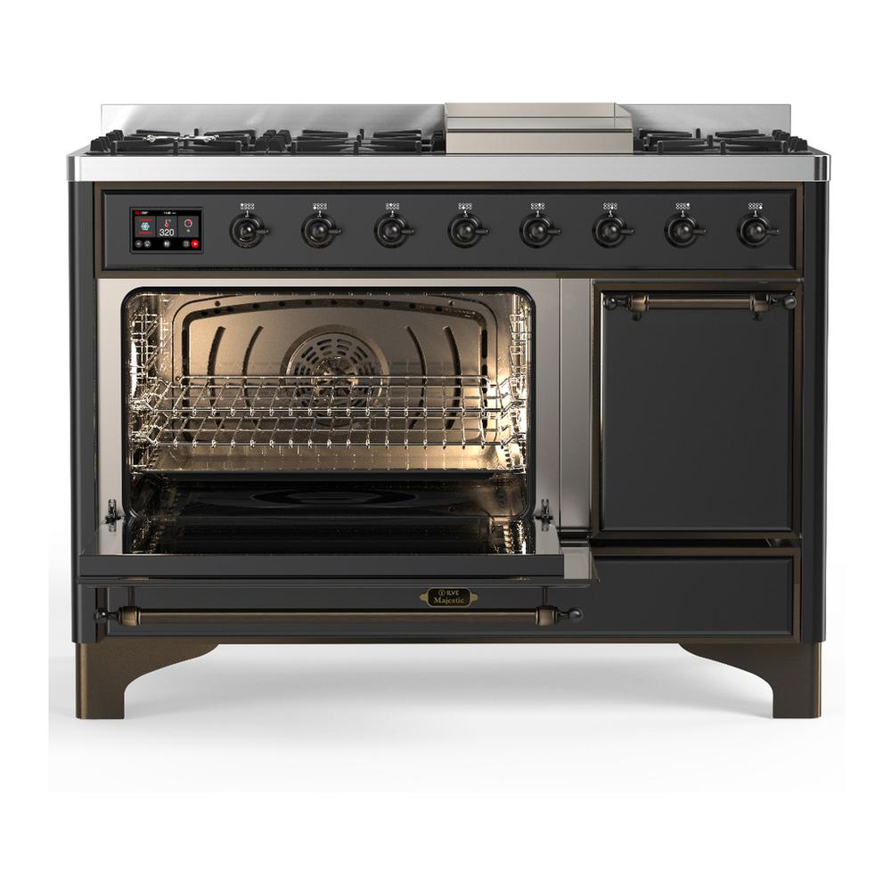 Ilve UM48FQNR3MGB Ilve Um48Fqnr3Mgb Majestic Iii 48 Inch Dual Fuel Range With 8 Burners And Griddle, Dual Function Burner Up To 25,000 Btu (Natural Gas, Solid Door, Graphite Matte, Burnished)