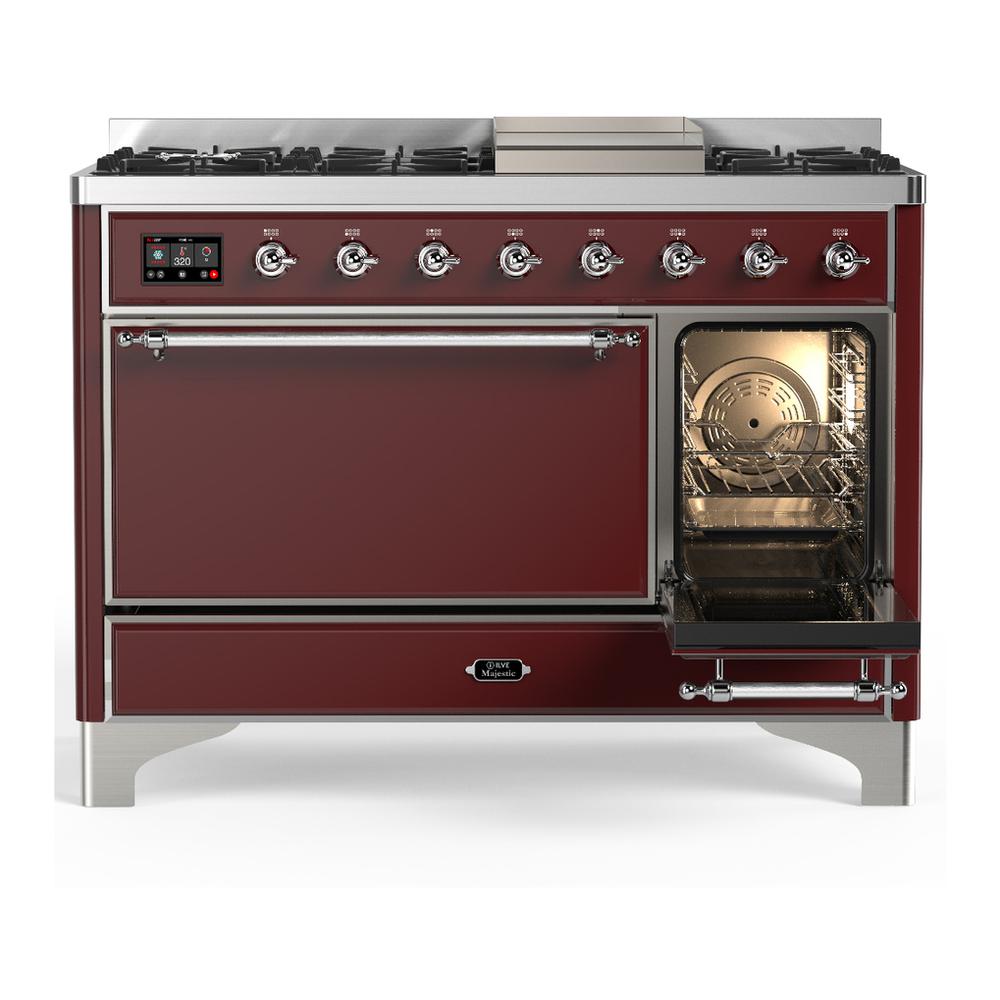 Ilve UM48FQNR3BUCLP Ilve Um48Fqnr3Buclp Majestic Iii 48 Inch Dual Fuel Range With 8 Burners And Griddle, Dual Function Burner Up To 25,000 Btu (Liquid Propane, Solid Door, Burgundy, Chrome)