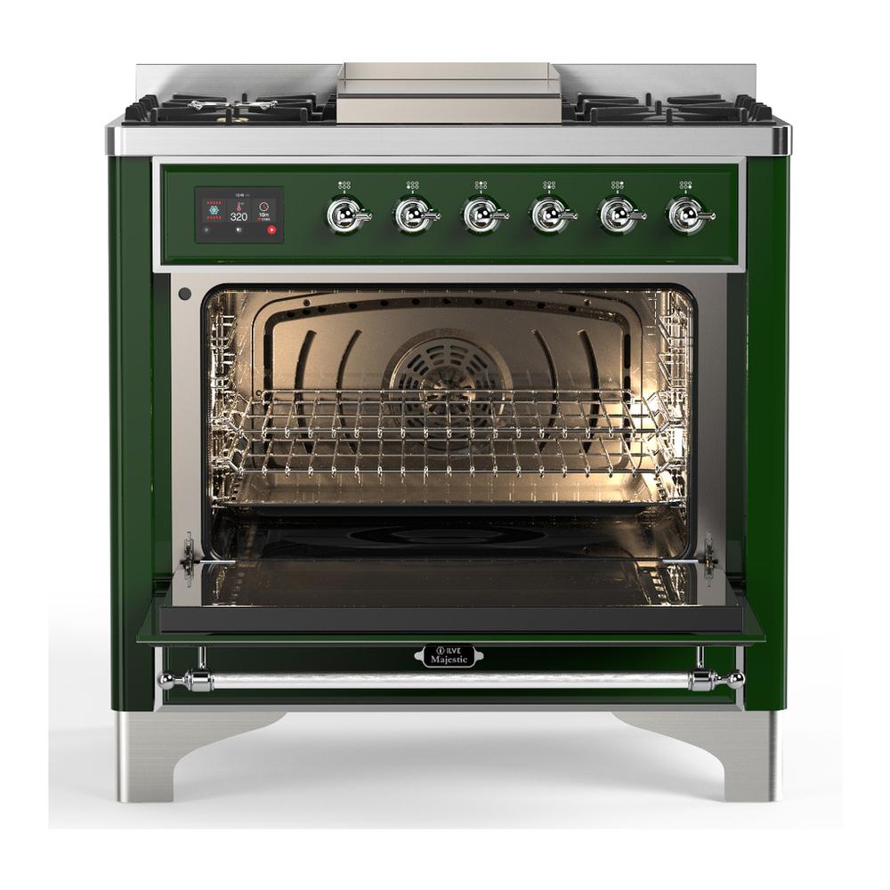 Ilve UM36FNR3EGC Ilve Um36Fnr3Egc Majestic Iii 36 Inch Dual Fuel Range With 6 Black Brass Burners And Griddle, Dual Function Burner Up To 25,000 Btu (Triple Glass Door, Emerald Green, Chrome, Natural Gas)
