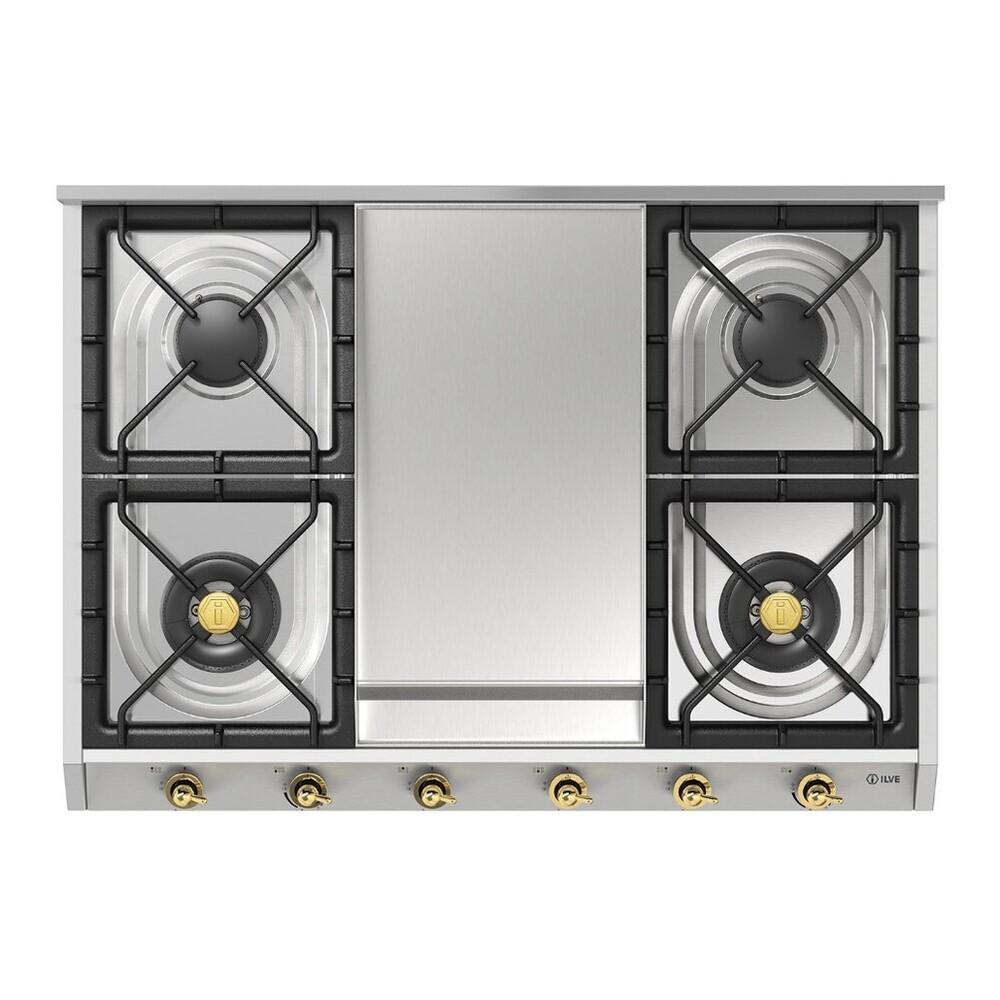 Ilve UHCP965FNSSGLP Ilve Uhcp965Fnssglp Nostalgie Ii 36 Inch Gas Cooktop With Griddle, In Stainless Steel (Liquid Propane, Brass)