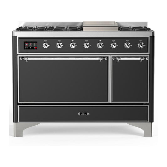 Ilve UM48FQNR3MGC Ilve Um48Fqnr3Mgc Majestic Iii 48 Inch Dual Fuel Range With 8 Burners And Griddle, Dual Function Burner Up To 25,000 Btu (Natural Gas, Solid Door, Graphite Matte, Chrome)