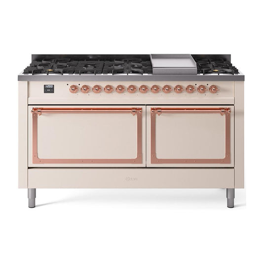 Ilve UN60FQNMPAWP Ilve Un60Fqnmpawp Nostalgie Ii Noblesse 60" Dual Fuel Range (9 Sealed Burners + Griddle, Natural Gas, Solid Door, Antique White, Copper)