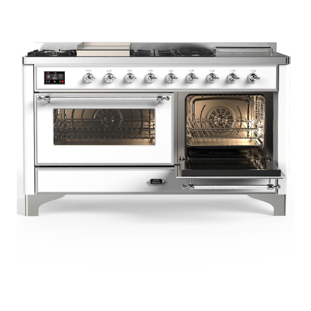 Ilve UM60FSNR3WHCLP Ilve Um60Fsnr3Whclp Majestic Iii 60 Inch Dual Fuel Range With 7 Burners, Griddle And French Top, Dual Function Burner With Up To 25,000 Btu (Liquid Propane, Triple Glass Door, White, Chrome)