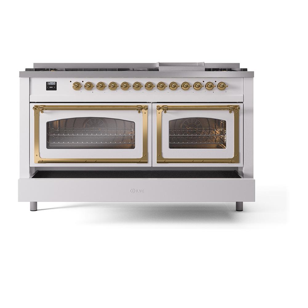 Ilve UN60FNMPWHG Ilve Un60Fnmpwhg Nostalgie Ii Noblesse 60" Dual Fuel Range (9 Sealed Burners + Griddle, Natural Gas, Triple Glass Door, White, Brass)