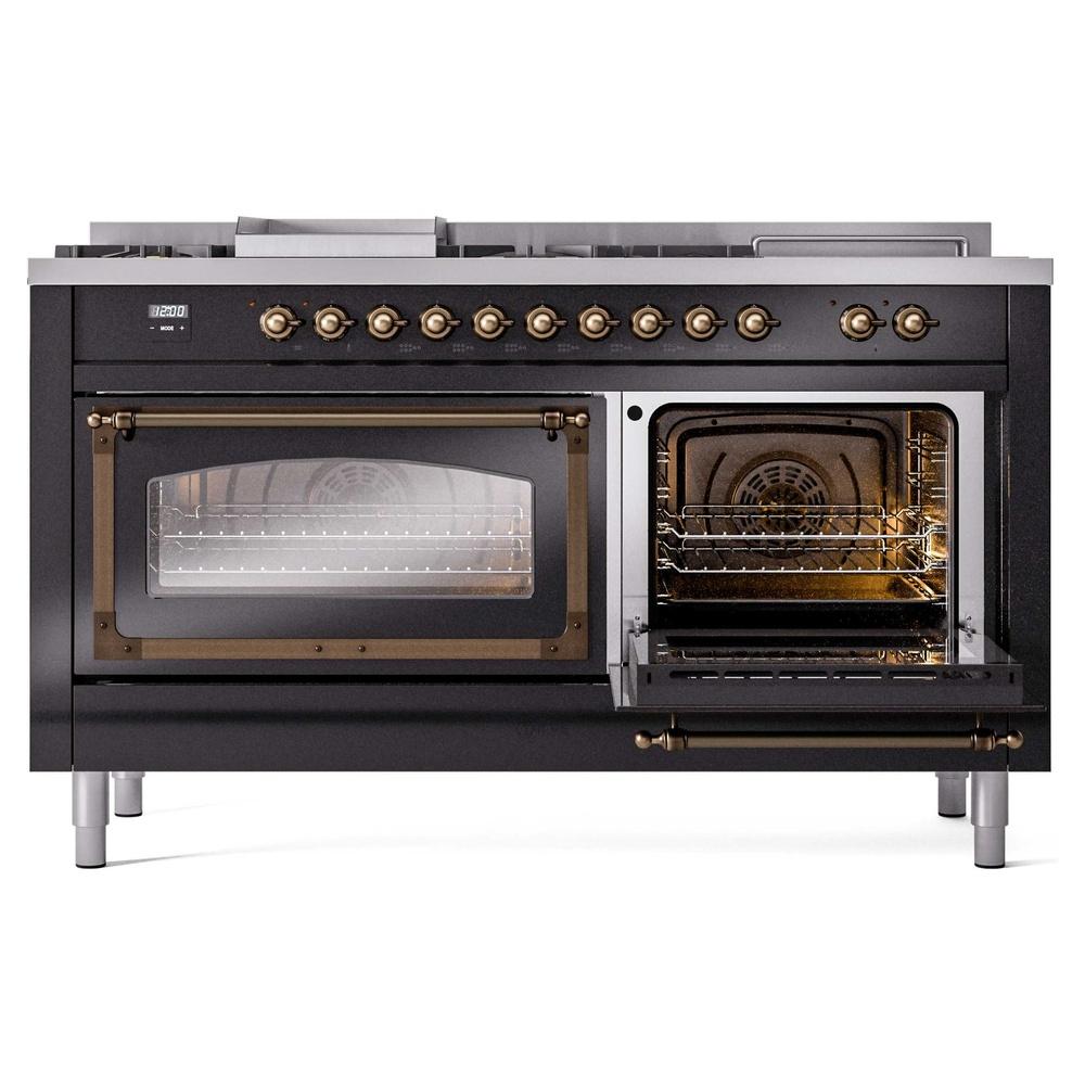 Ilve UN60FSNMPBKBLP Ilve Un60Fsnmpbkblp Nostalgie Ii Noblesse 60" Dual Fuel Range (7 Sealed Burners + Griddle + French Top, Liquid Propane, Triple Glass Door, Glossy Black, Burnished)