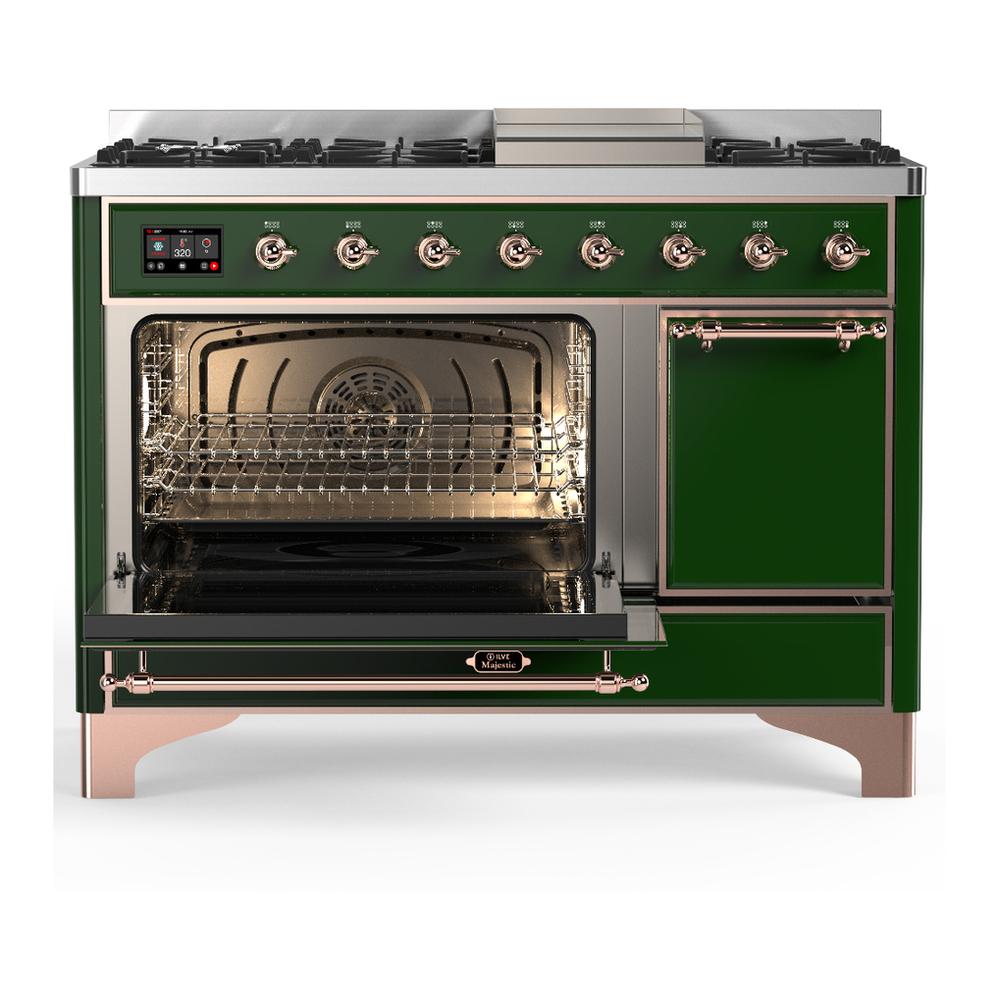 Ilve UM48FQNR3EGPLP Ilve Um48Fqnr3Egplp Majestic Iii 48 Inch Dual Fuel Range With 8 Burners And Griddle, Dual Function Burner Up To 25,000 Btu (Liquid Propane, Solid Door, Emerald Green, Copper)