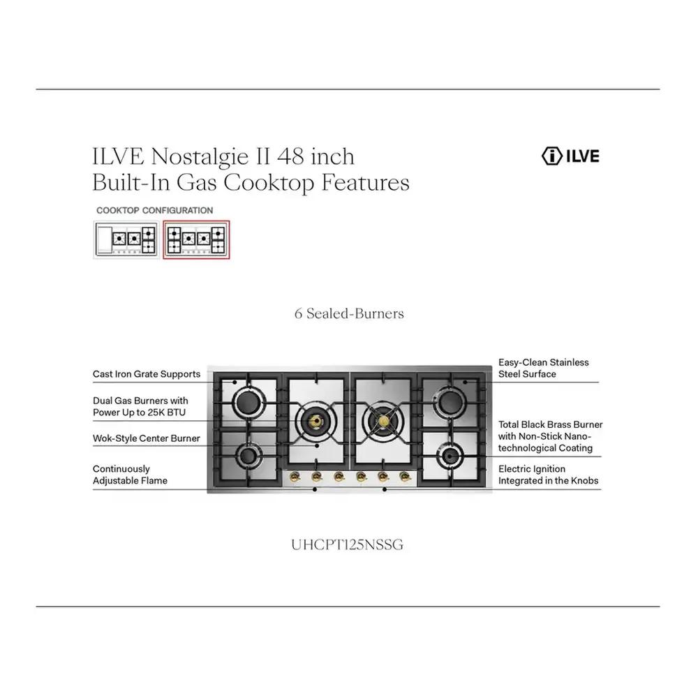 Ilve UHCPT125NSSC Ilve Uhcpt125Nssc Nostalgie Ii 48 Inch Built-In Gas Cooktop With Total Black Brass Burners, In Stainless Steel (6 Sealed Burners, Natural Gas, Chrome)