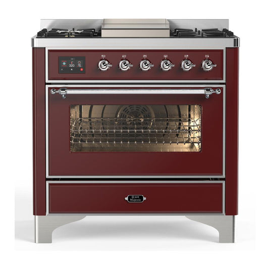Ilve UM36FNR3BUCLP Ilve Um36Fnr3Buclp Majestic Iii 36 Inch Dual Fuel Range With 6 Black Brass Burners And Griddle, Dual Function Burner Up To 25,000 Btu (Triple Glass Door, Burgundy, Chrome, Liquid Propane)