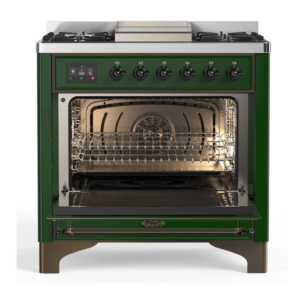 Ilve UM36FQNR3EGB Ilve Um36Fqnr3Egb Majestic Iii 36 Inch Dual Fuel Range With 6 Black Brass Burners And Griddle, Dual Function Burner Up To 25,000 Btu (Solid Door, Emerald Green, Burnished, Natural Gas)