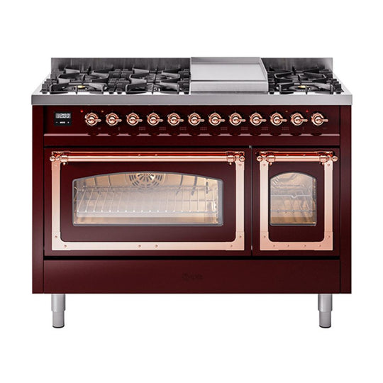 Ilve UN48FNMPBUP Ilve Un48Fnmpbup Nostalgie Ii Noblesse 48" Dual Fuel Range (8 Sealed Burners + Griddle, Natural Gas, Triple Glass Door, Burgundy, Copper)