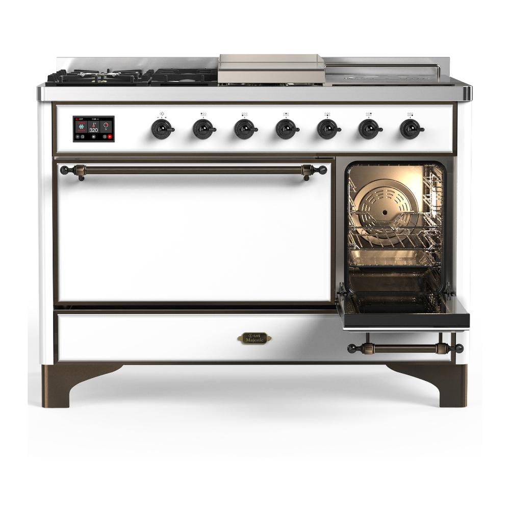 Ilve UM48FSQNR3WHB Ilve Um48Fsqnr3Whb Majestic Iii 48 Inch Dual Fuel Range With 5 Black Brass Burners, Griddle And French Top, Dual Function Burner Up To 25,000 Btu (Natural Gas, Solid Door, White, Burnished)