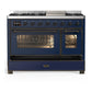 Ilve UM48FNR3MBB Ilve Um48Fnr3Mbb Majestic Iii 48 Inch Dual Fuel Range With 8 Burners And Griddle, Dual Function Burner Up To 25,000 Btu (Natural Gas, Triple Glass Door, Midnight Blue, Burnished)