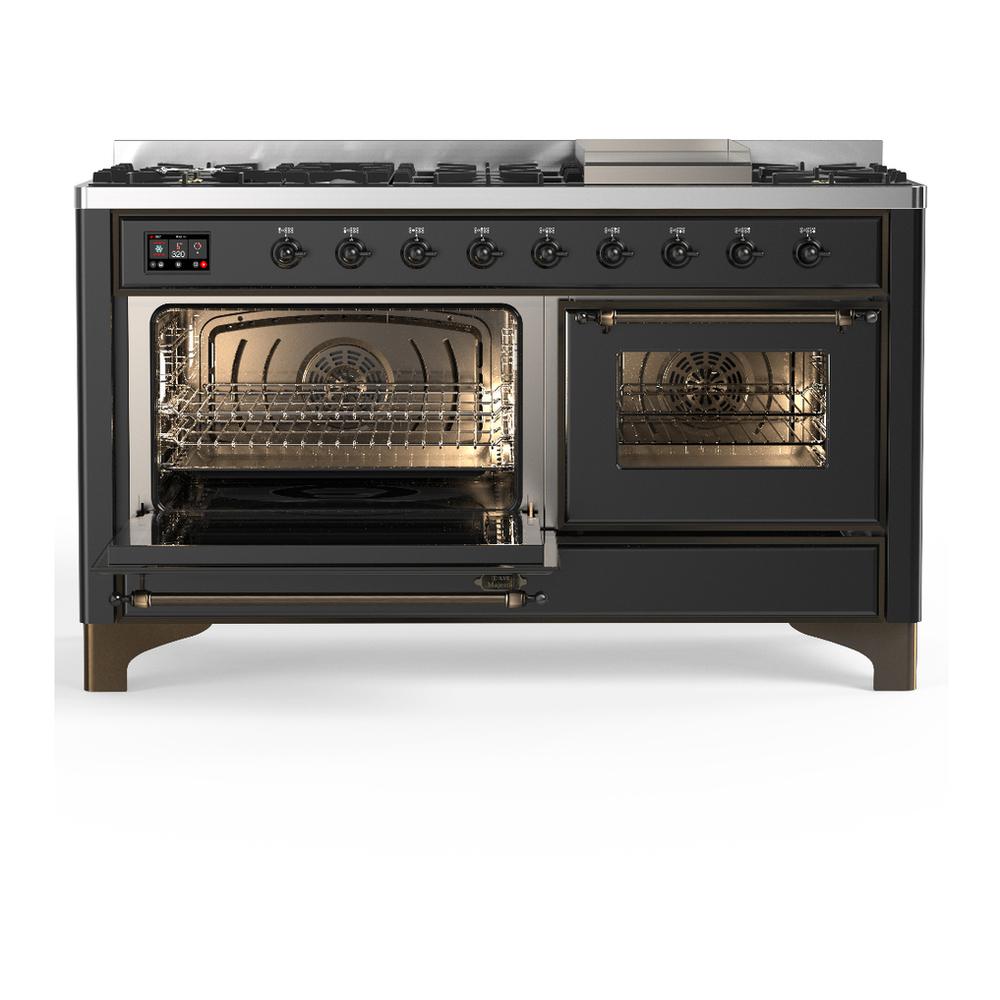 Ilve UM60FNR3MGB Ilve Um60Fnr3Mgb Majestic Iii 60 Inch Dual Fuel Range With 9 Burners And Griddle, Dual Function Burner Up To 25,000 Btu (Natural Gas, Triple Glass Door, Graphite Matte, Burnished)