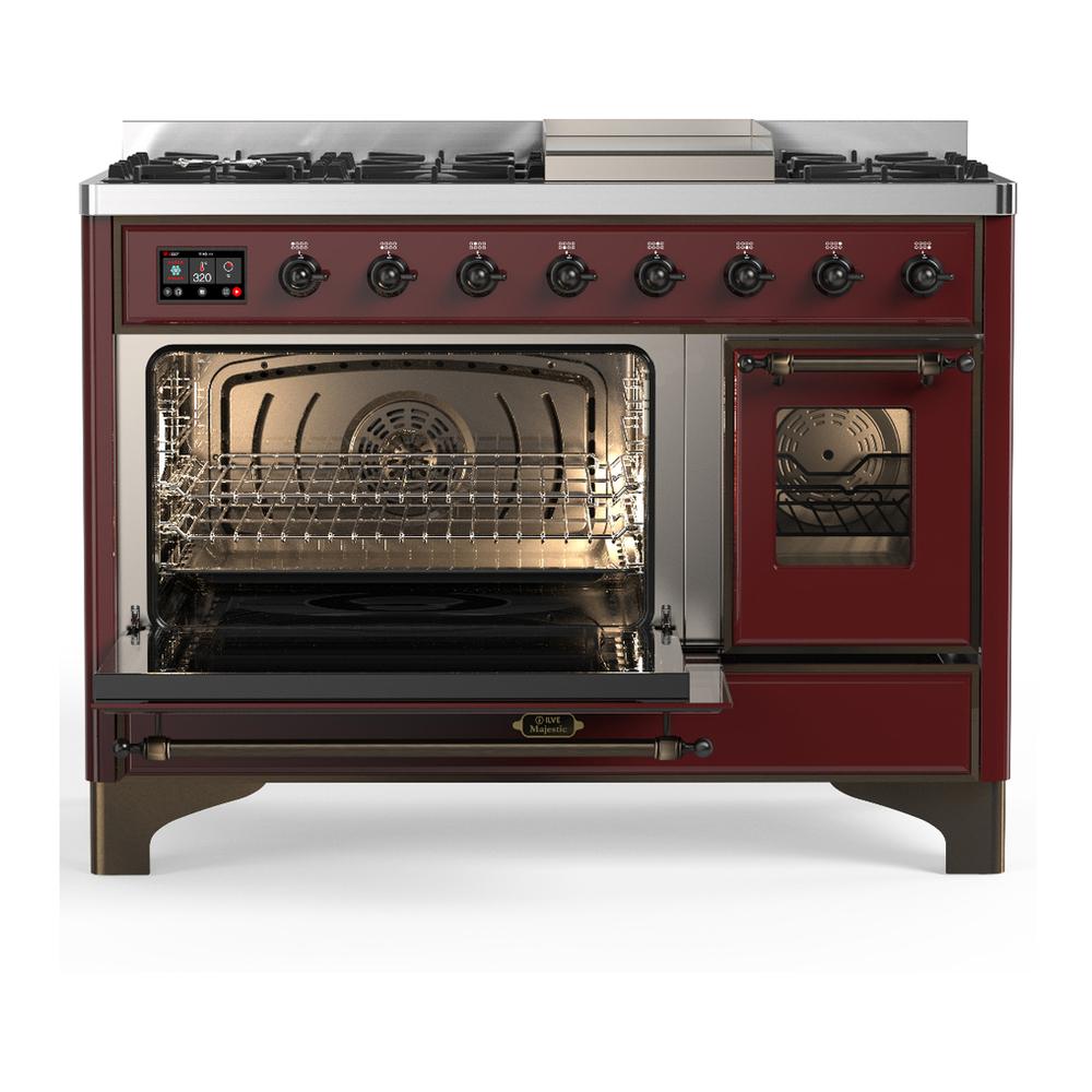 Ilve UM48FNR3BUBLP Ilve Um48Fnr3Bublp Majestic Iii 48 Inch Dual Fuel Range With 8 Burners And Griddle, Dual Function Burner Up To 25,000 Btu (Liquid Propane, Triple Glass Door, Burgundy, Burnished)
