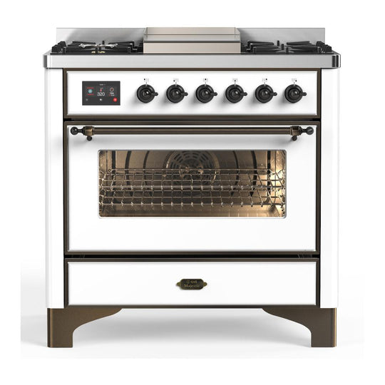 Ilve UM36FNR3WHB Ilve Um36Fnr3Whb Majestic Iii 36 Inch Dual Fuel Range With 6 Black Brass Burners And Griddle, Dual Function Burner Up To 25,000 Btu (Triple Glass Door, White, Burnished, Natural Gas)