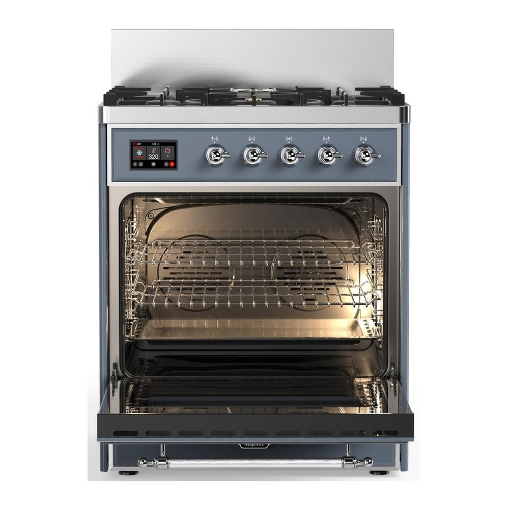 Ilve UM30QNR3BGCLP Ilve Um30Qnr3Bgclp Majestic Iii 30 Inch Dual Fuel Range With 5 Black Brass Burners, Dual Function Burner Up To 25,000 Btu (Liquid Propane, Solid Door, Blue Grey, Chrome)