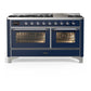 Ilve UM60FNR3MBC Ilve Um60Fnr3Mbc Majestic Iii 60 Inch Dual Fuel Range With 9 Burners And Griddle, Dual Function Burner Up To 25,000 Btu (Natural Gas, Triple Glass Door, Midnight Blue, Chrome)