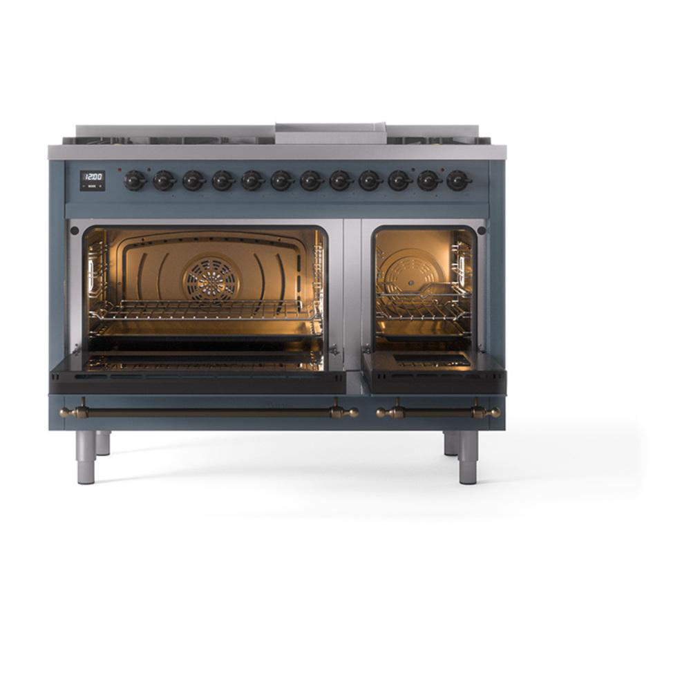 Ilve UN48FQNMPBGBLP Ilve Un48Fqnmpbgblp Nostalgie Ii Noblesse 48" Dual Fuel Range (8 Sealed Burners + Griddle, Liquid Propane, Solid Door, Blue Grey, Burnished)