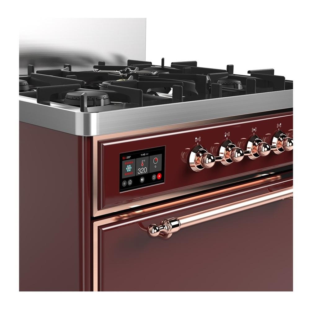 Ilve UM30QNR3BUP Ilve Um30Qnr3Bup Majestic Iii 30 Inch Dual Fuel Range With 5 Black Brass Burners, Dual Function Burner Up To 25,000 Btu (Natural Gas, Solid Door, Burgundy, Copper)