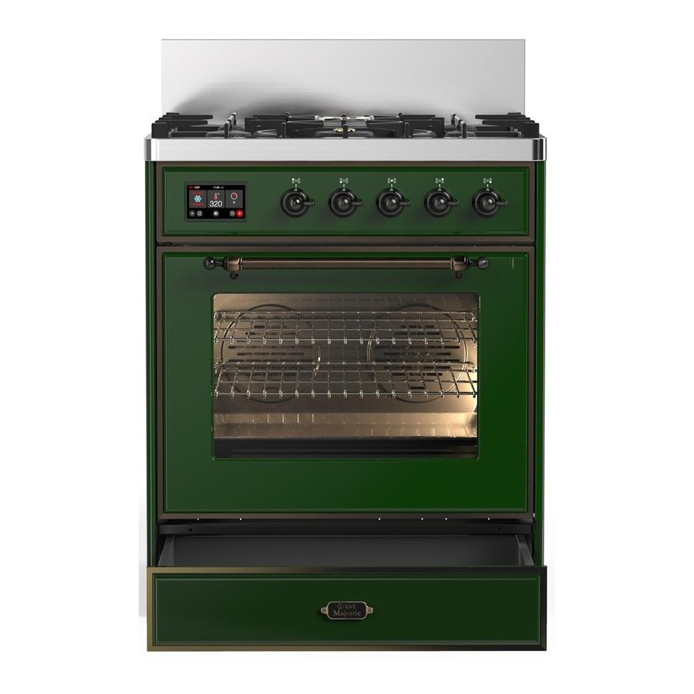 Ilve UM30NR3EGB Ilve Um30Nr3Egb Majestic Iii 30 Inch Dual Fuel Range With 5 Black Brass Burners, Dual Function Burner Up To 25,000 Btu (Natural Gas, Triple Glass Door, Emerald Green, Burnished)